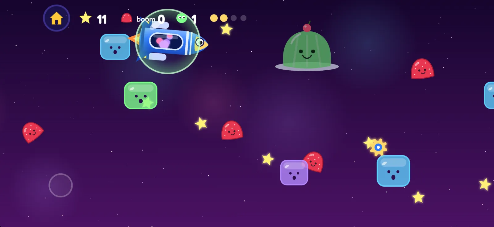 Jelly Nebula: wobbly jelly cubes and gumdrops around a smiling jelly planet